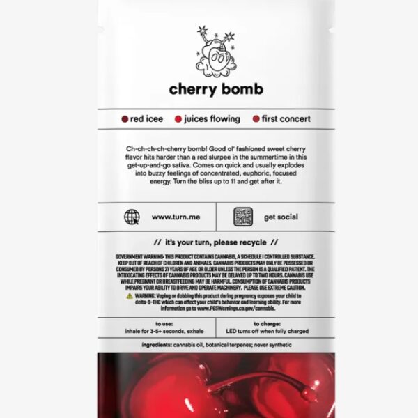 Turn 2G Cherry Bomb Disposable Vape Pen with a vibrant cherry design, offering a smooth and flavorful vaping experience in a sleek, portable device