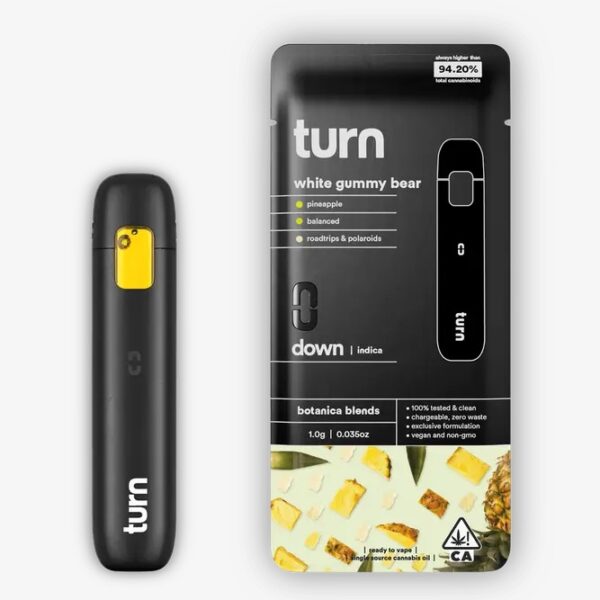 Turn 2G White Gummy Bear Disposable Vape Pen with Botanica Blends, featuring a sleek design and sweet, fruity white gummy bear flavor for a smooth vaping experience.